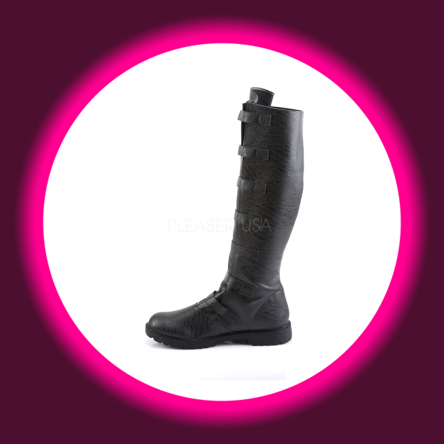 seitliche Ansicht schwarze Herrenstiefel mit 7 Schnallen und Gummisohle, Funtasma Gotham 110