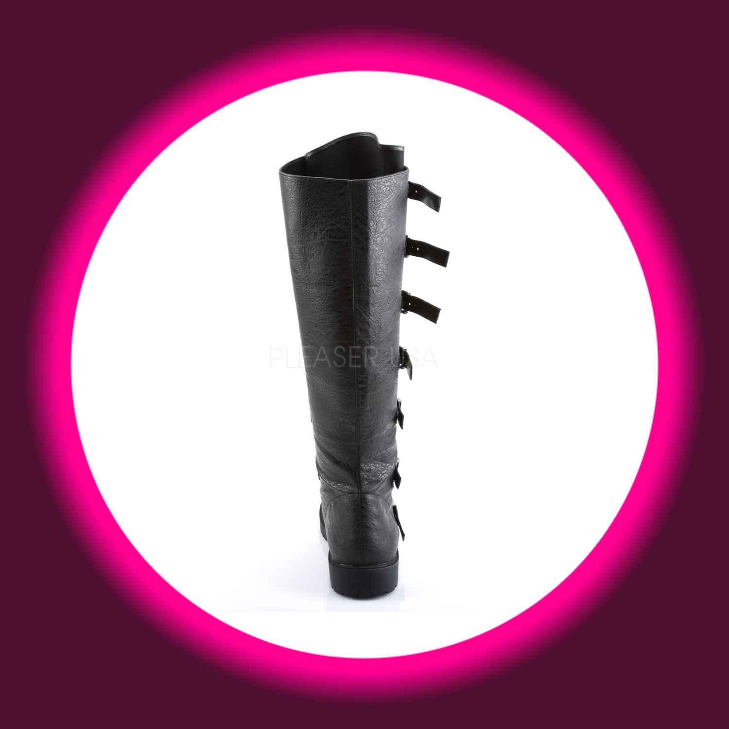 Rückansicht schwarze Herrenstiefel mit 7 Schnallen und Gummisohle, Funtasma Gotham 110