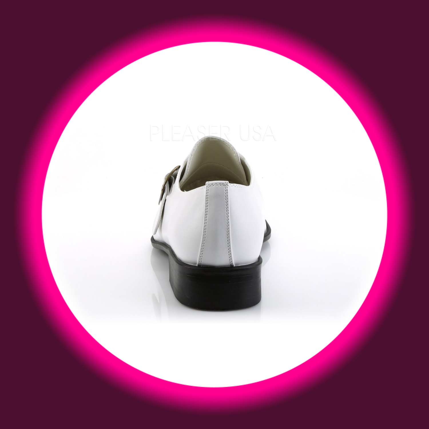 Rückansicht weißer Herrenhalbschuh mit Schnalle und flachem Blockabsatz, Funtasma Loafer 12