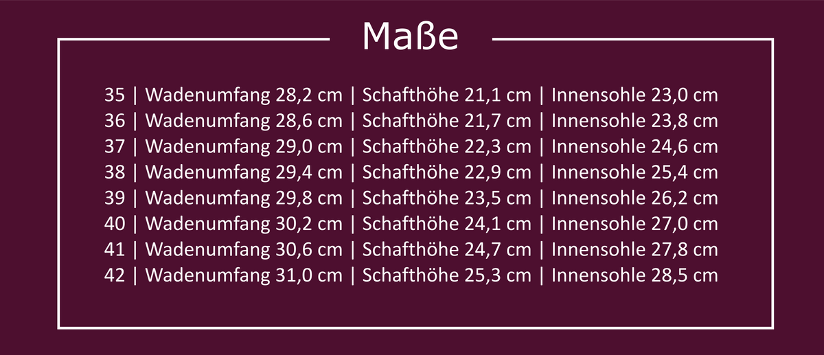 Pleaser Flamingo 1050 Größentabelle für die Größen 35 bis 42 mit Angaben zu Wadenumfang, Schafthöhe und Innensohlenlänge in Zentimetern
