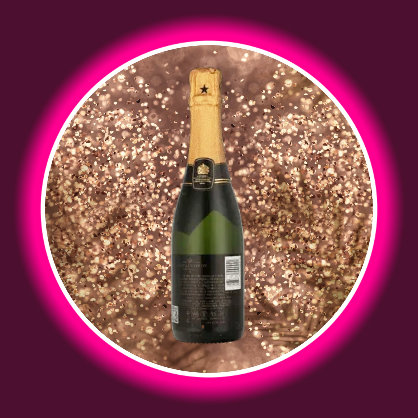 kleine grüne Champagnerflasche mit goldenem Etikett auf gold glitzerndem Hintergrund
