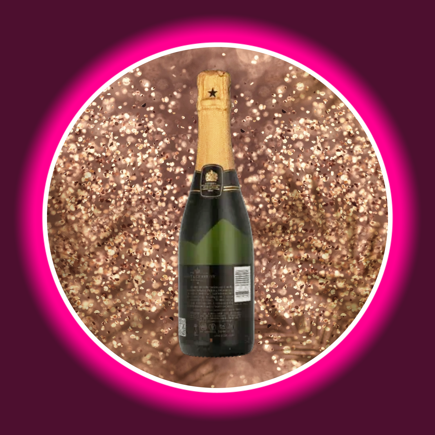 kleine grüne Champagnerflasche mit goldenem Etikett auf gold glitzerndem Hintergrund