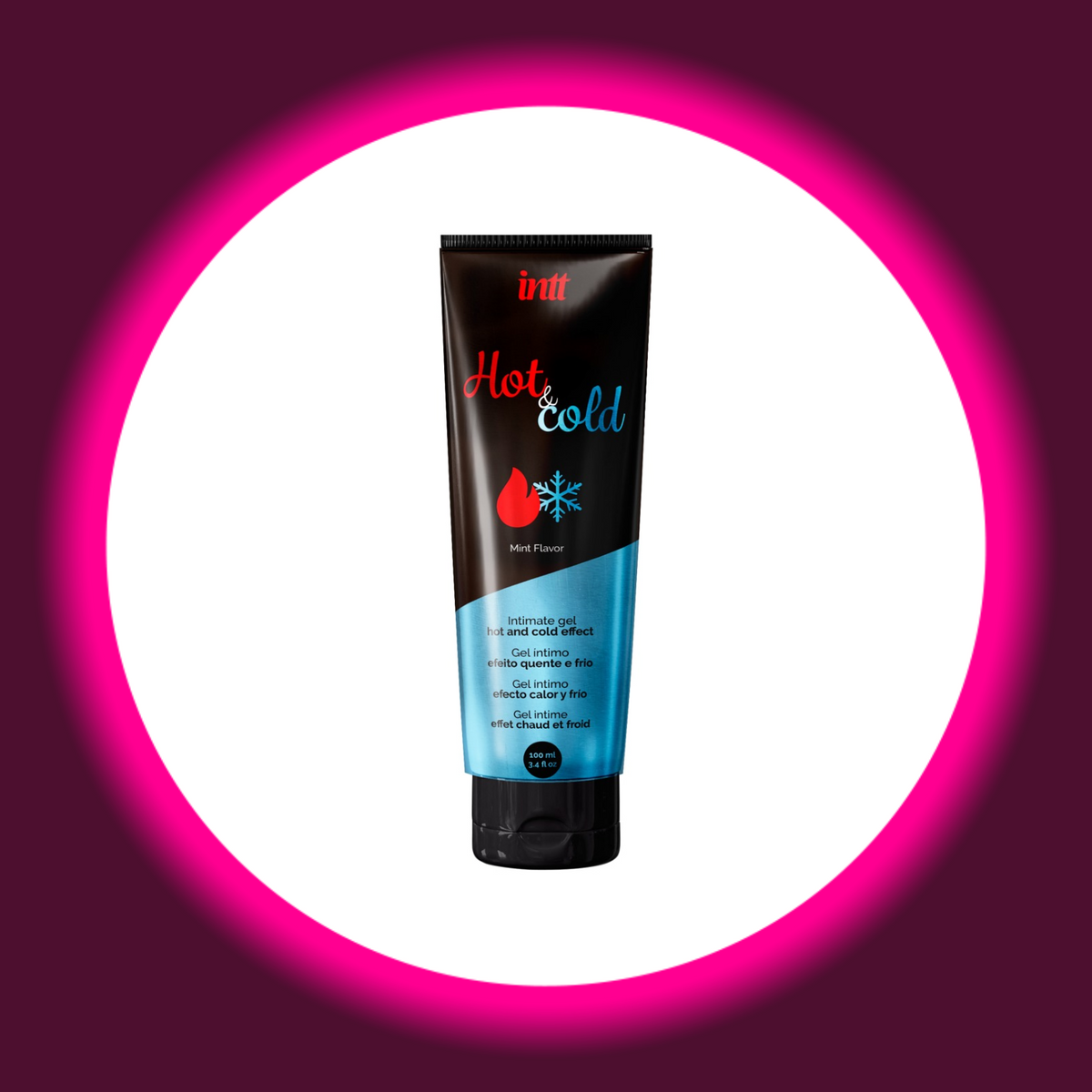 INTT Cosmetics Hot & Cold Intimgel mit Minzgeschmack, schwarz-blaue Tube mit Flammen- und Schneeflockenmotiv sowie schwarzem Klappverschluss, Frontansicht