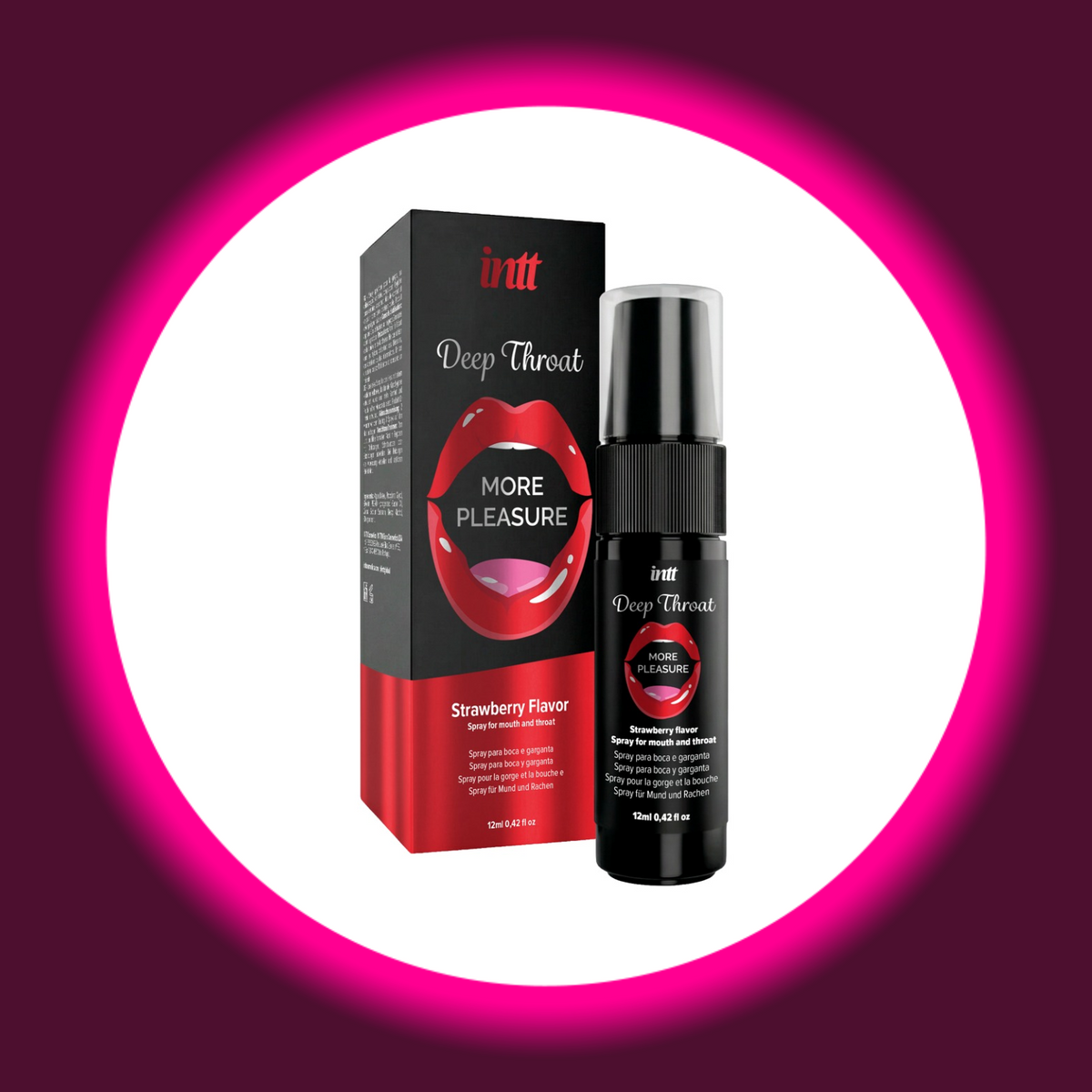 INTT Cosmetics Deep Throat Mund- und Rachenspray mit Erdbeergeschmack, schwarze Sprühflasche neben schwarz-roter Produktverpackung mit rotem Mundmotiv