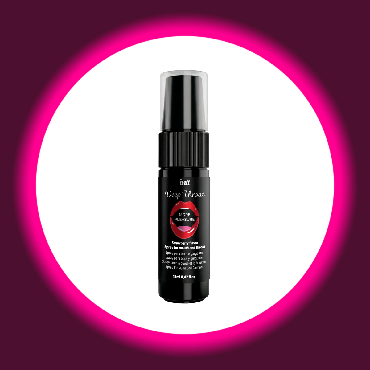 INTT Cosmetics Deep Throat Mund- und Rachenspray mit Erdbeergeschmack in schwarzer Sprühflasche mit transparenter Schutzkappe und rotem Mundmotiv, Frontansicht