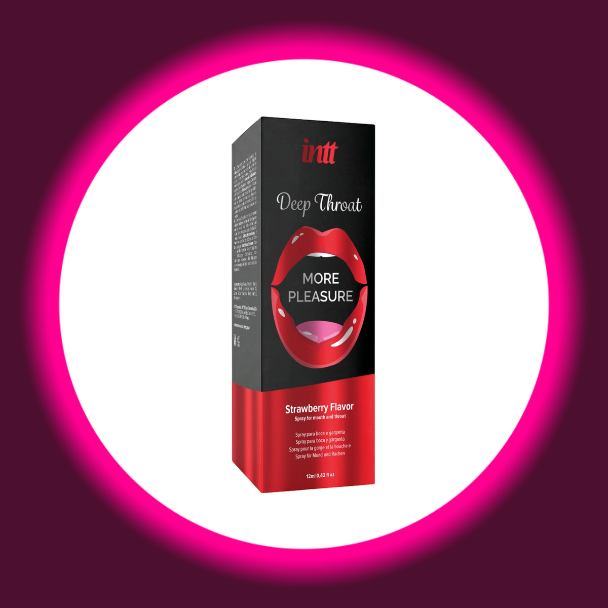 INTT Cosmetics Deep Throat Mund- und Rachenspray mit Erdbeergeschmack, schwarz-rote Produktverpackung mit rotem Mundmotiv, schräge Frontansicht