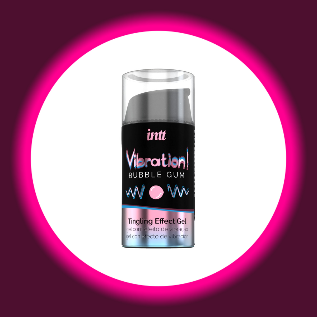 INTT Cosmetics Vibration Bubble Gum Stimulationsgel im schwarzen Pumpspender mit transparenter Schutzkappe und rosa schimmerndem Etikett, Frontansicht