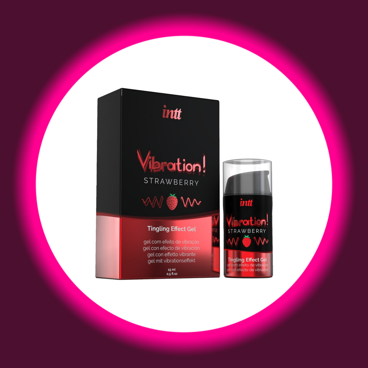 INTT Cosmetics Vibration Strawberry Stimulationsgel mit Erdbeeraroma, schwarzer Pumpspender mit transparenter Schutzkappe neben schwarz-roter Produktverpackung mit Erdbeermotiv