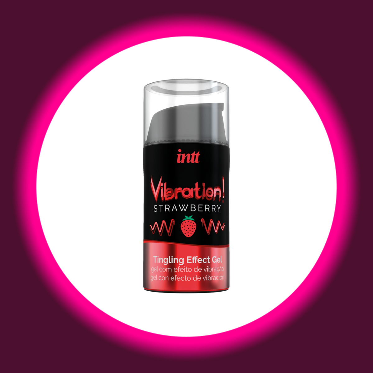 INTT Cosmetics Vibration Strawberry Stimulationsgel mit Erdbeeraroma im schwarzen Pumpspender mit transparenter Schutzkappe und schwarz-rotem Etikett mit Erdbeermotiv, Frontansicht