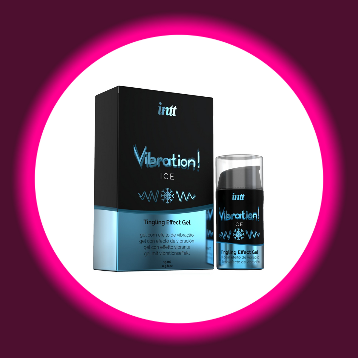 INTT Cosmetics Vibration Ice Stimulationsgel, schwarzer Pumpspender mit transparenter Schutzkappe neben schwarz-blauer Produktverpackung mit Schneeflockenmotiv