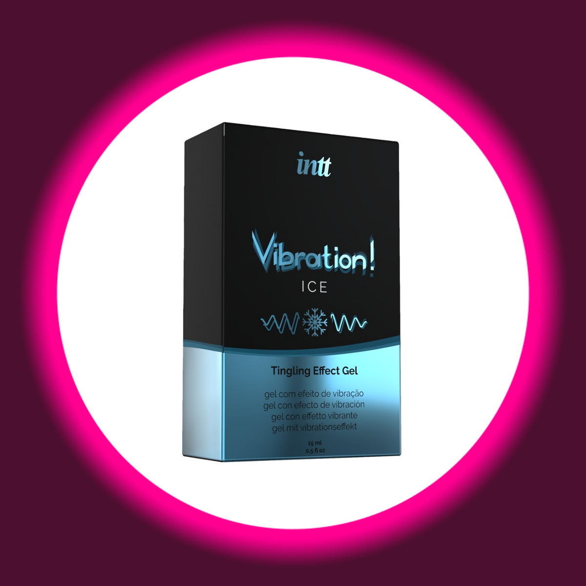 INTT Cosmetics Vibration Ice Stimulationsgel, schwarz-blaue Produktverpackung mit Schneeflocken- und Wellenmotiv, schräge Frontansicht