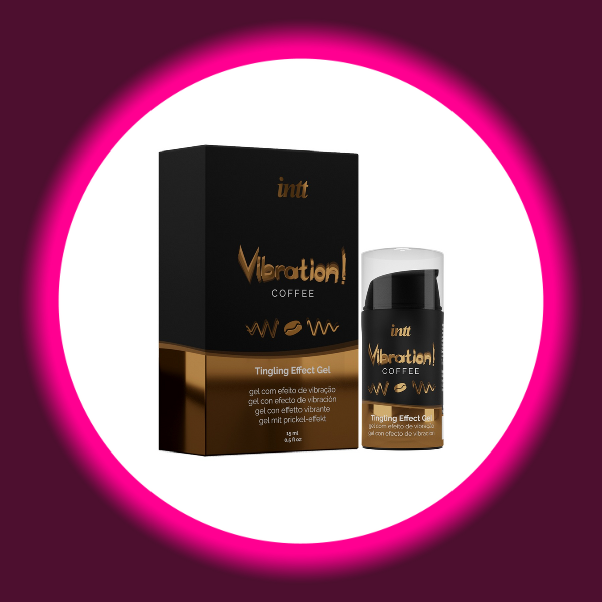 INTT Cosmetics Vibration Coffee Stimulationsgel mit Kaffeearoma, schwarzer Pumpspender mit transparenter Schutzkappe neben schwarz-goldfarbener Produktverpackung mit Kaffeebohnenmotiv