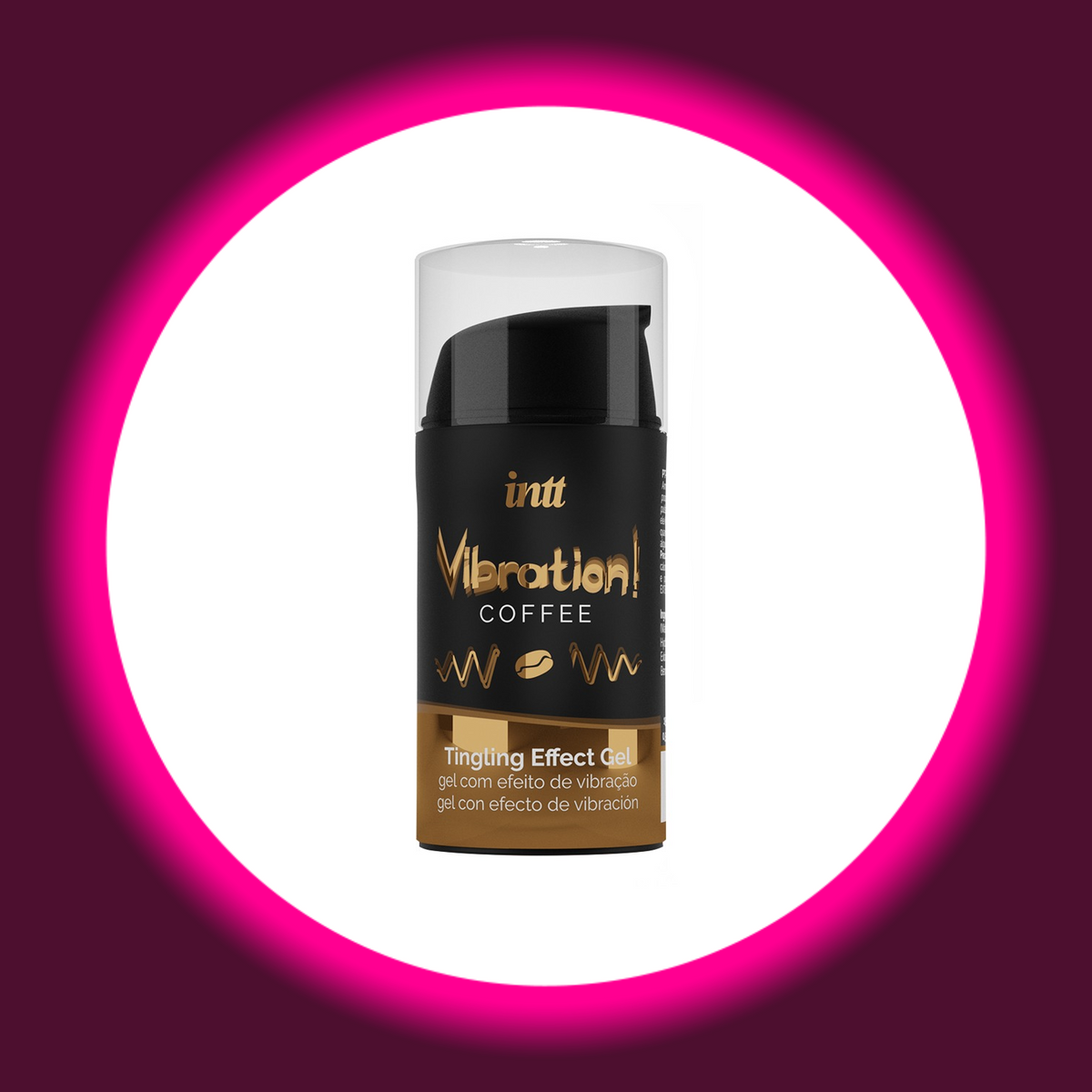 INTT Cosmetics Vibration Coffee Stimulationsgel mit Kaffeearoma im schwarzen Pumpspender mit transparenter Schutzkappe und schwarz-goldfarbenem Etikett mit Kaffeebohnenmotiv, Frontansicht