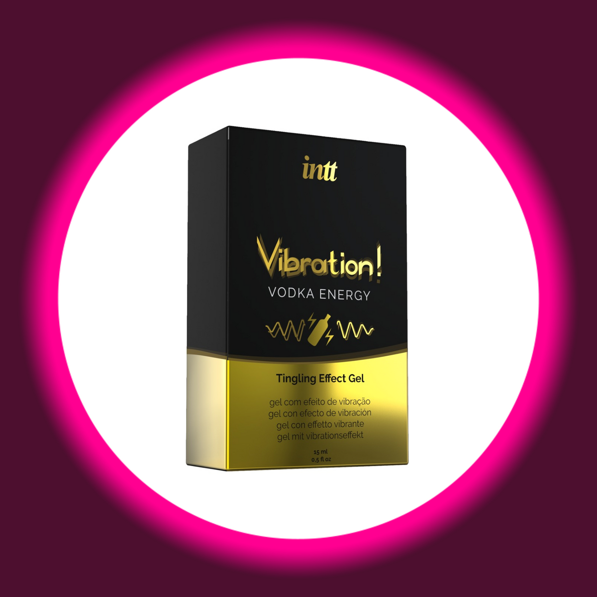 INTT Cosmetics Vibration Vodka Energy Stimulationsgel, schwarz-gelbgoldene Produktverpackung mit Flaschen-, Blitz- und Wellenmotiv, schräge Frontansicht