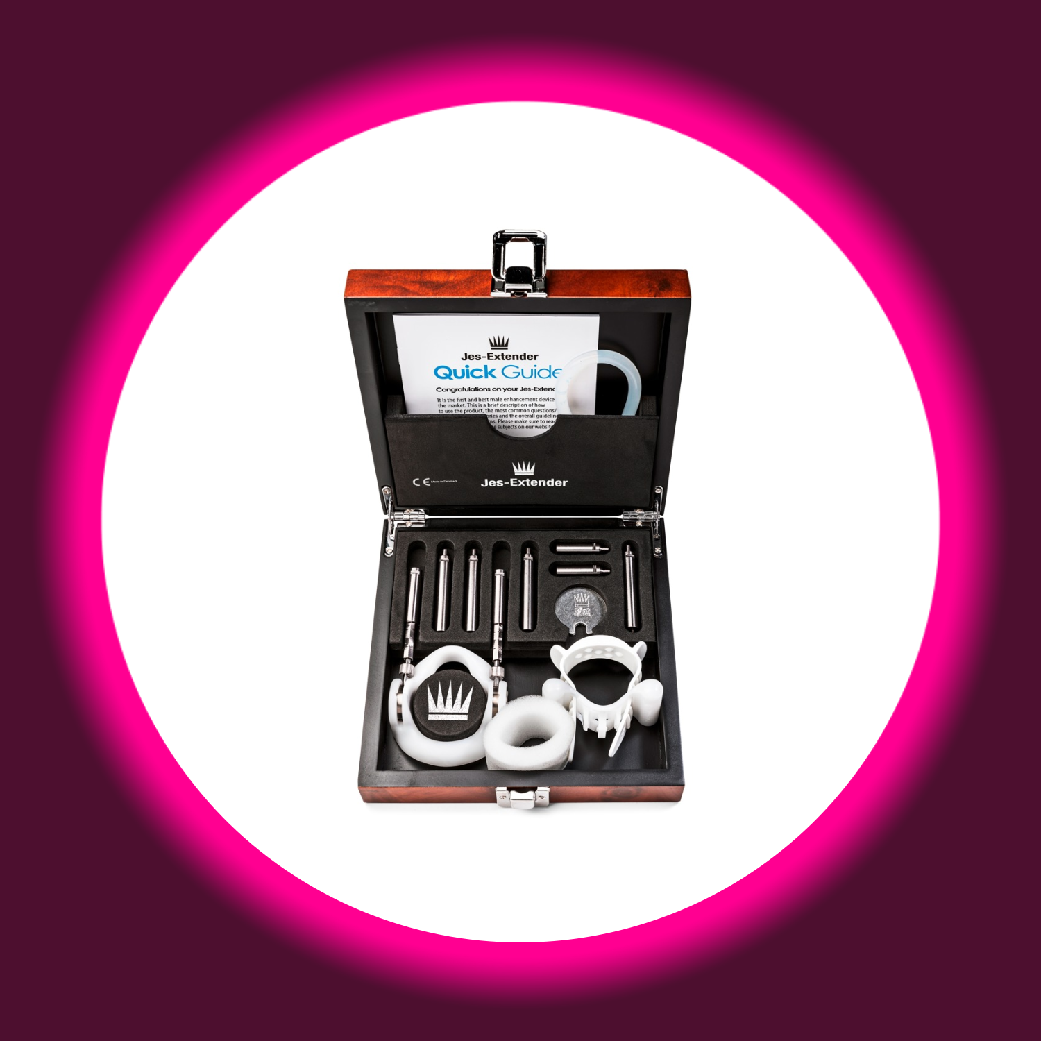 Jes Extender Original Standard, geöffnete Box mit Zubehörteilen eines Penisextenders