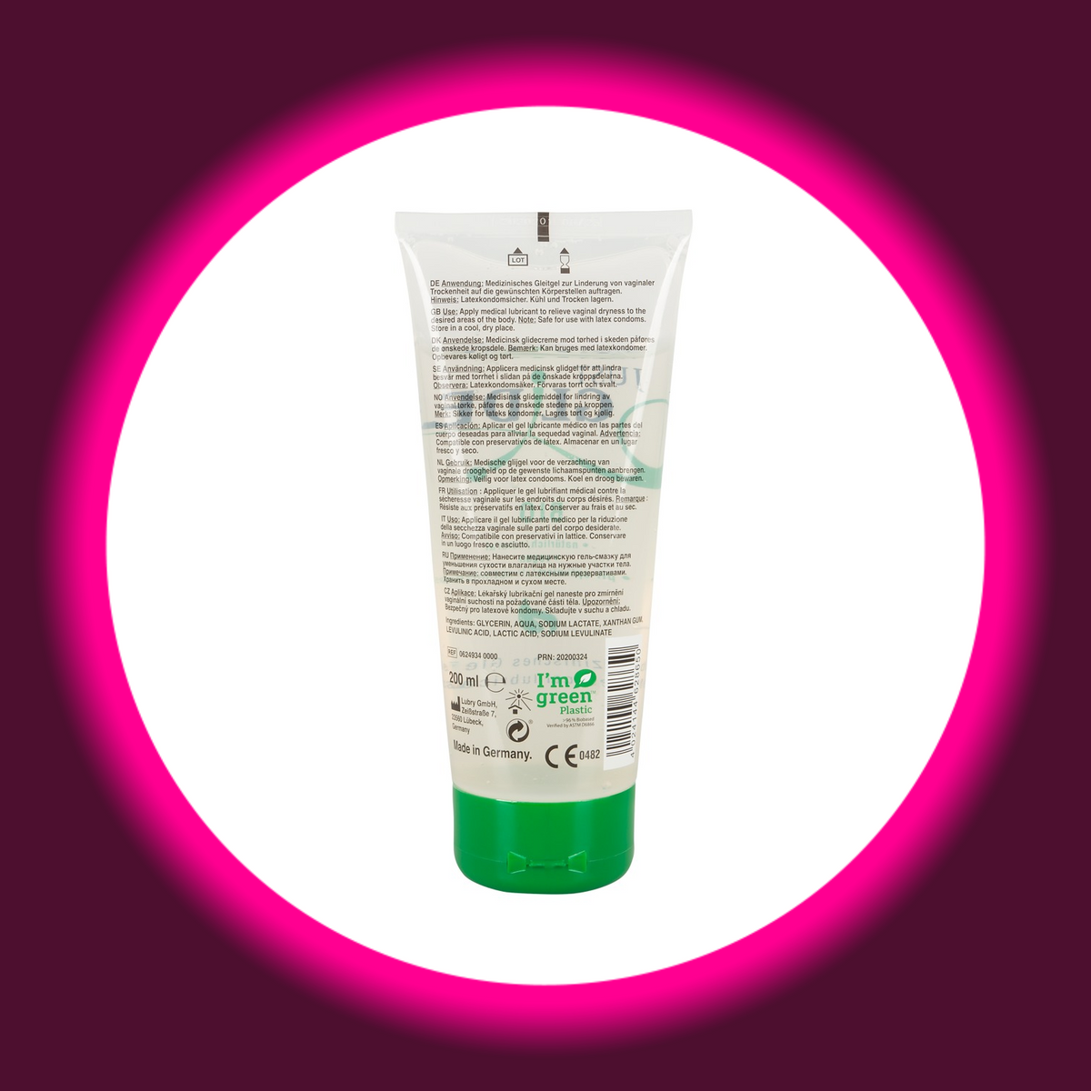 Just Glide Bio Gleitgel in der transparenten 200-ml-Tube mit grünem Verschluss, Rückansicht mit Anwendungshinweisen, Inhaltsstoffangaben und Barcode