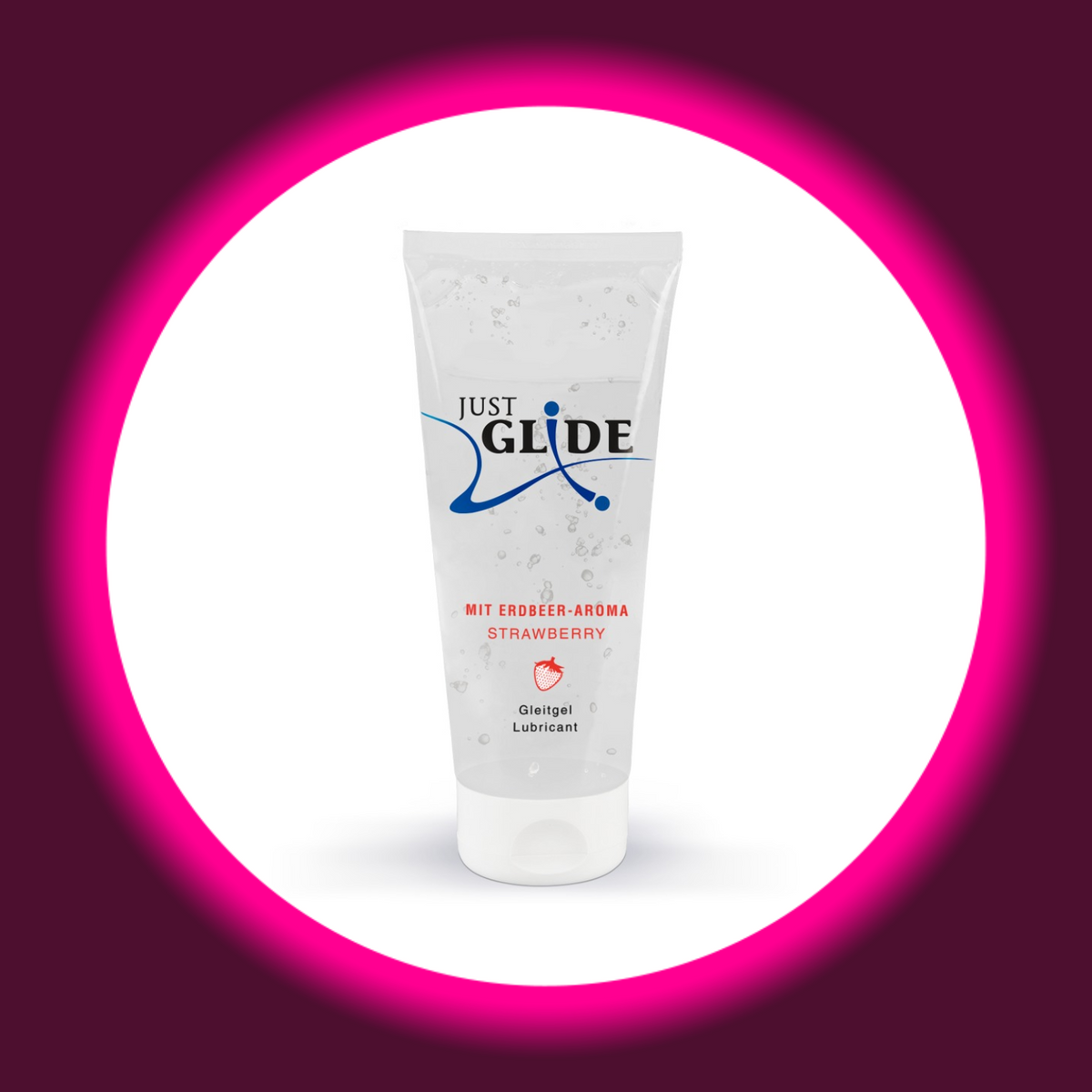 Just Glide Gleitgel mit Erdbeeraroma in der transparenten 200-ml-Tube mit weißem Verschluss, blauem Markenlogo und rotem Erdbeermotiv, freigestellte Frontansicht