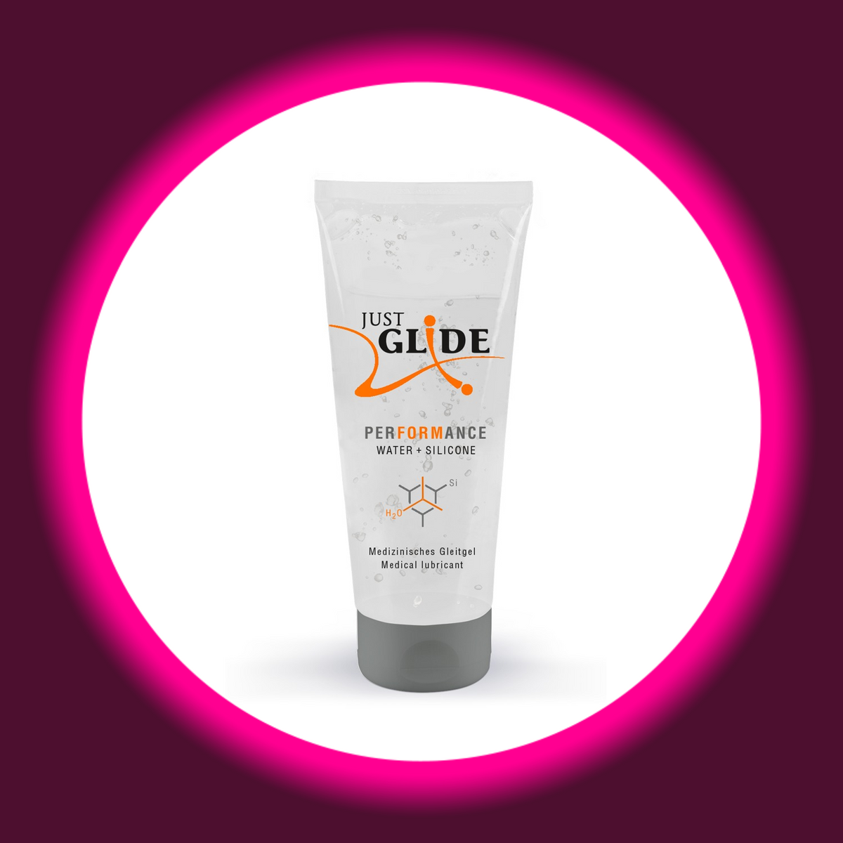 Just Glide Performance Gleitgel mit Wasser und Silikon in der transparenten 200-ml-Tube mit orangefarbenem Markenlogo und grauem Verschluss, freigestellte Frontansicht