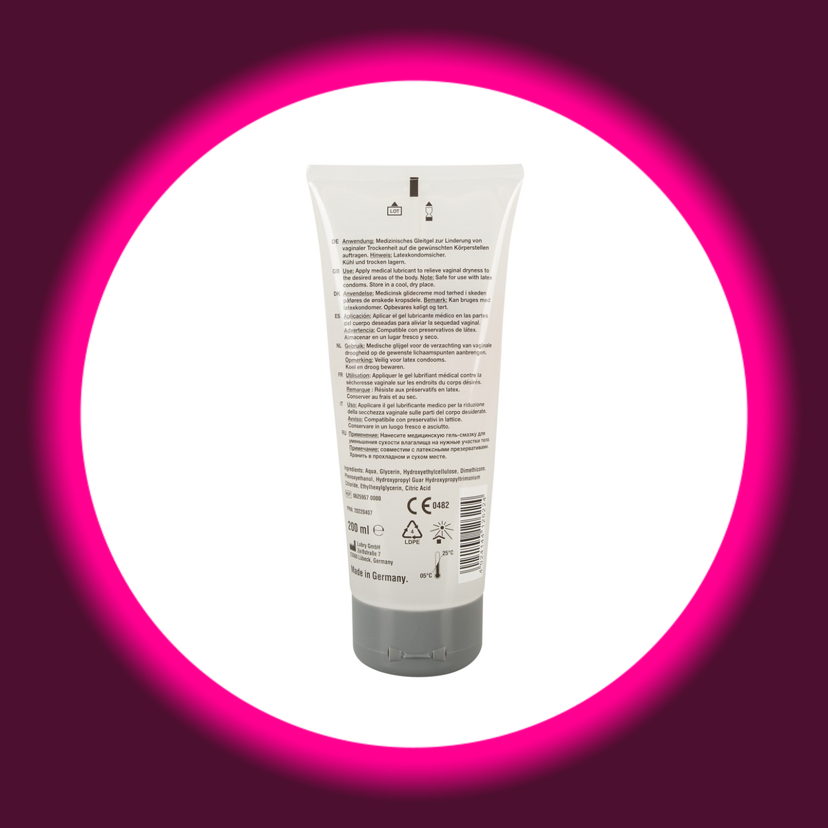 Just Glide Performance Gleitgel in der transparenten 200-ml-Tube mit grauem Verschluss, Rückansicht mit Anwendungshinweisen, Inhaltsstoffangaben und Barcode