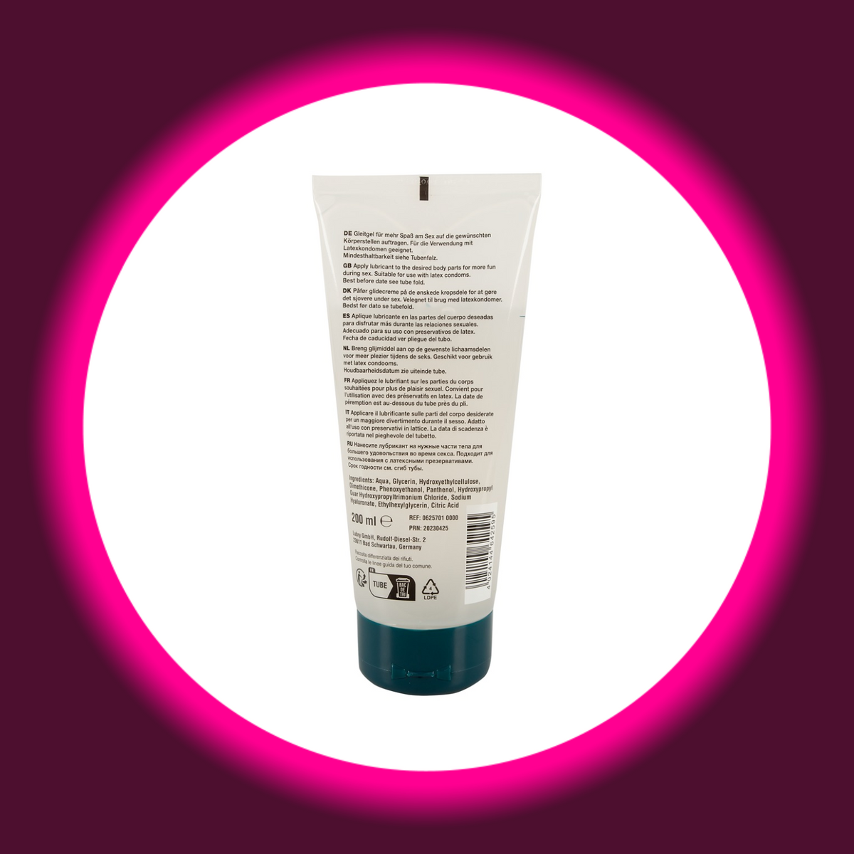 Just Glide Premium Anal Gleitgel in der transparenten 200-ml-Tube mit petrolfarbenem Verschluss, Rückansicht mit Anwendungshinweisen, Inhaltsstoffangaben und Barcode