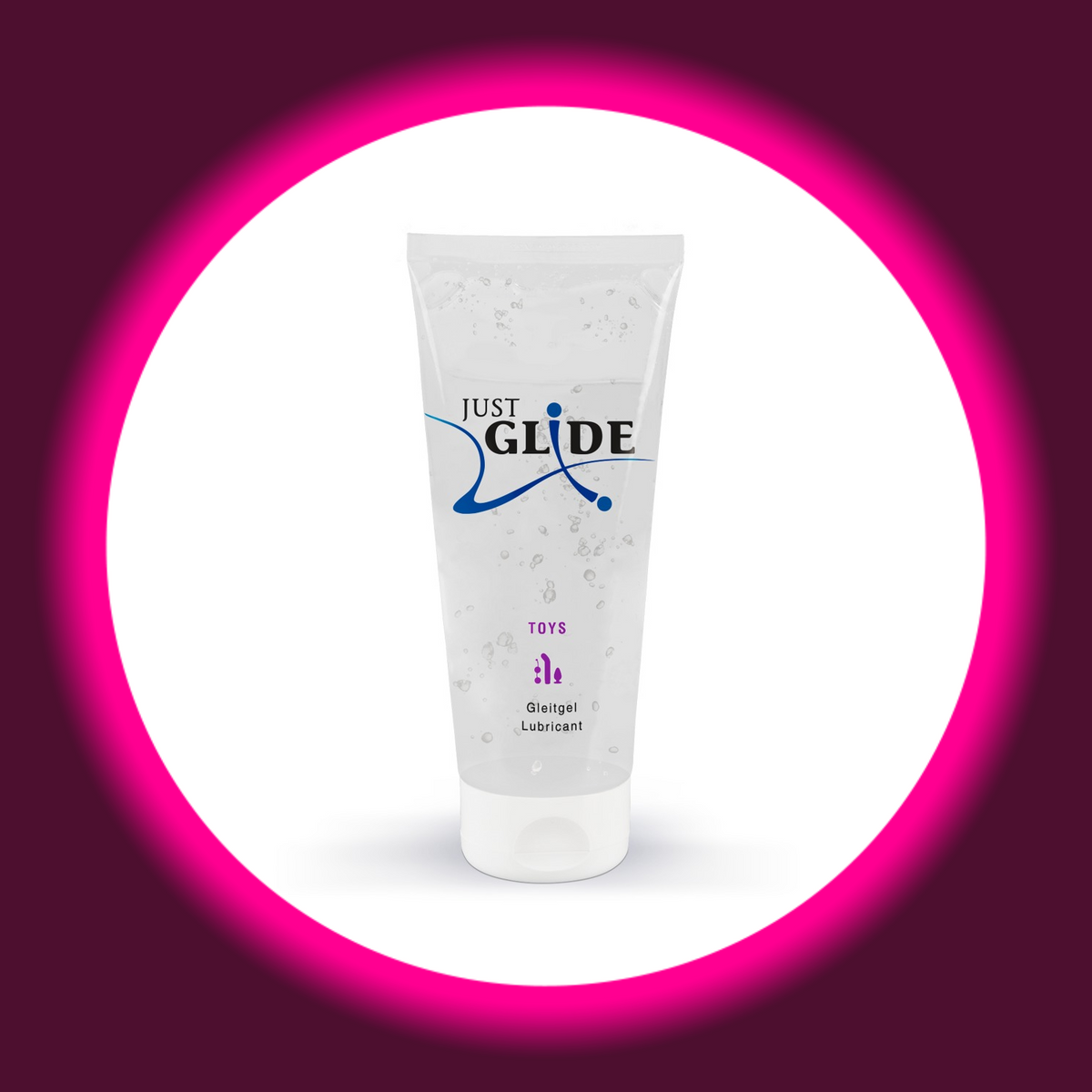 Just Glide Toys Gleitgel in der transparenten 200-ml-Tube mit weißem Verschluss, blauem Markenlogo und violettem Toy-Motiv, freigestellte Frontansicht