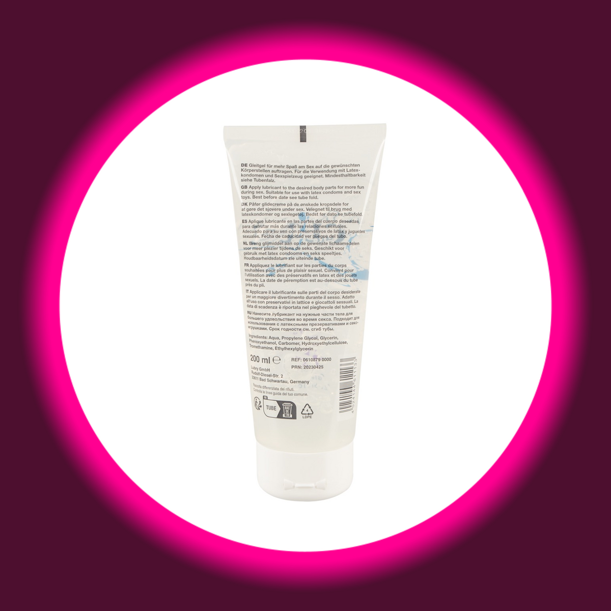 Just Glide Toys Gleitgel in der transparenten 200-ml-Tube, Rückansicht mit mehrsprachigen Anwendungshinweisen, Inhaltsstoffangaben und Barcode