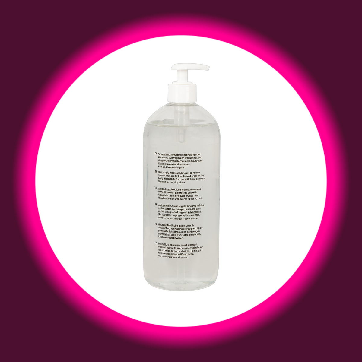 Just Glide wasserbasiertes Gleitgel in der transparenten 500-ml-Pumpflasche mit weißem Pumpkopf, Rückansicht mit mehrsprachigen Anwendungshinweisen