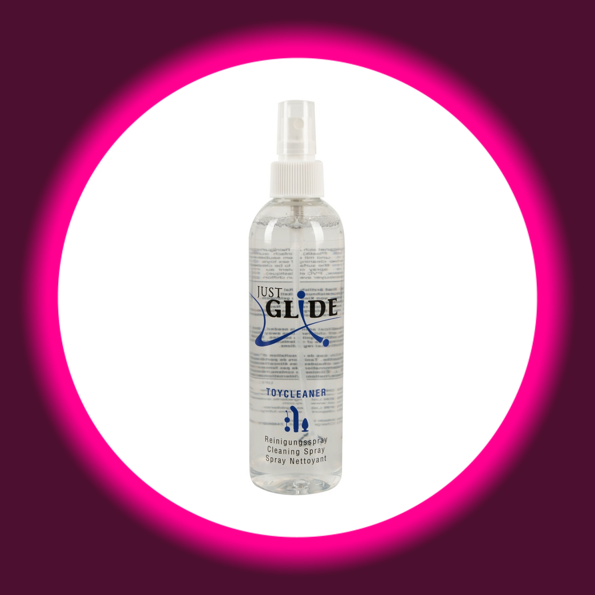Just Glide Toycleaner Reinigungsspray für Sextoys in transparenter Sprühflasche mit Schutzkappe und blau-schwarzem Markenlogo, freigestellte Frontansicht