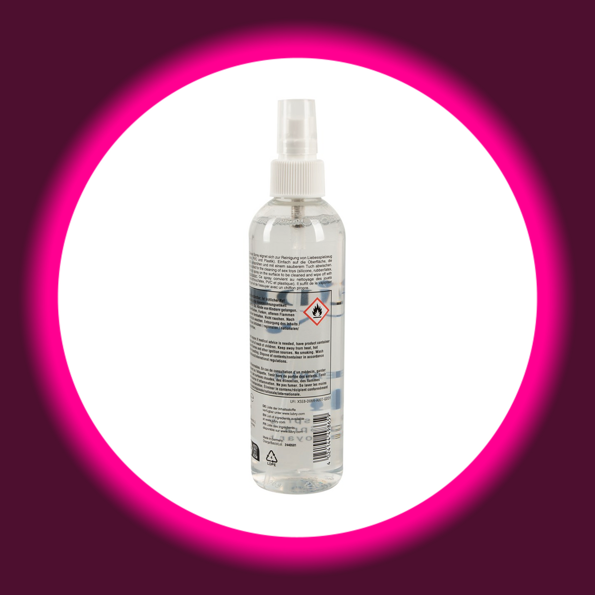 Just Glide Toycleaner Reinigungsspray für Sextoys, Rückansicht der transparenten Sprühflasche mit Anwendungshinweisen, Gefahrensymbol und Barcode