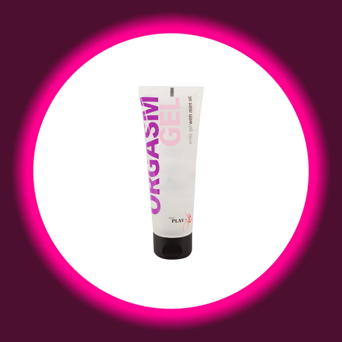 Just Play Orgasm Gel mit Minzöl in der transparenten 80-ml-Tube mit violett-rosa Schriftzug und schwarzem Verschluss, freigestellte Frontansicht