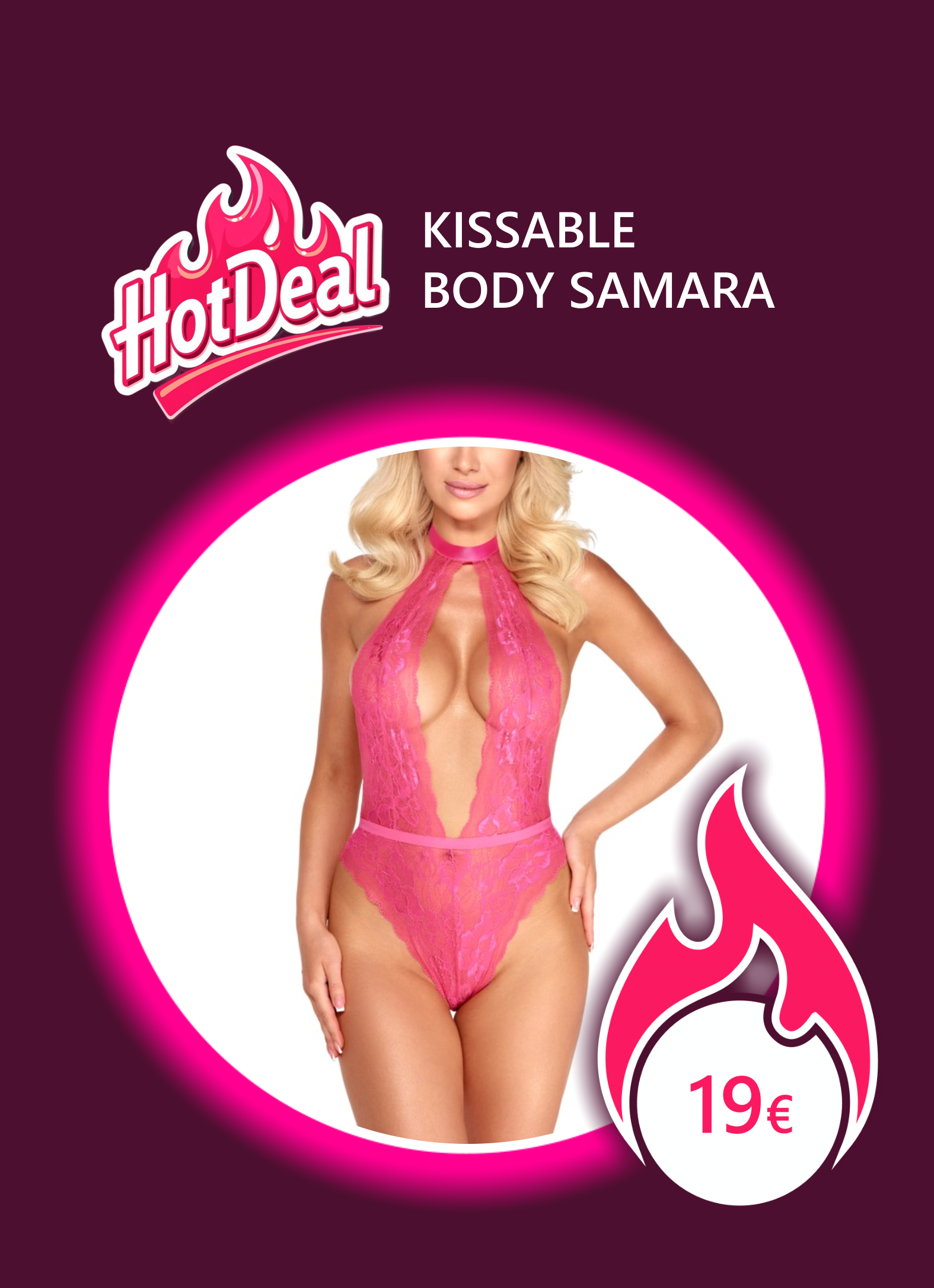 blonde Frau in pinkem Body aus Spitze von Kissable