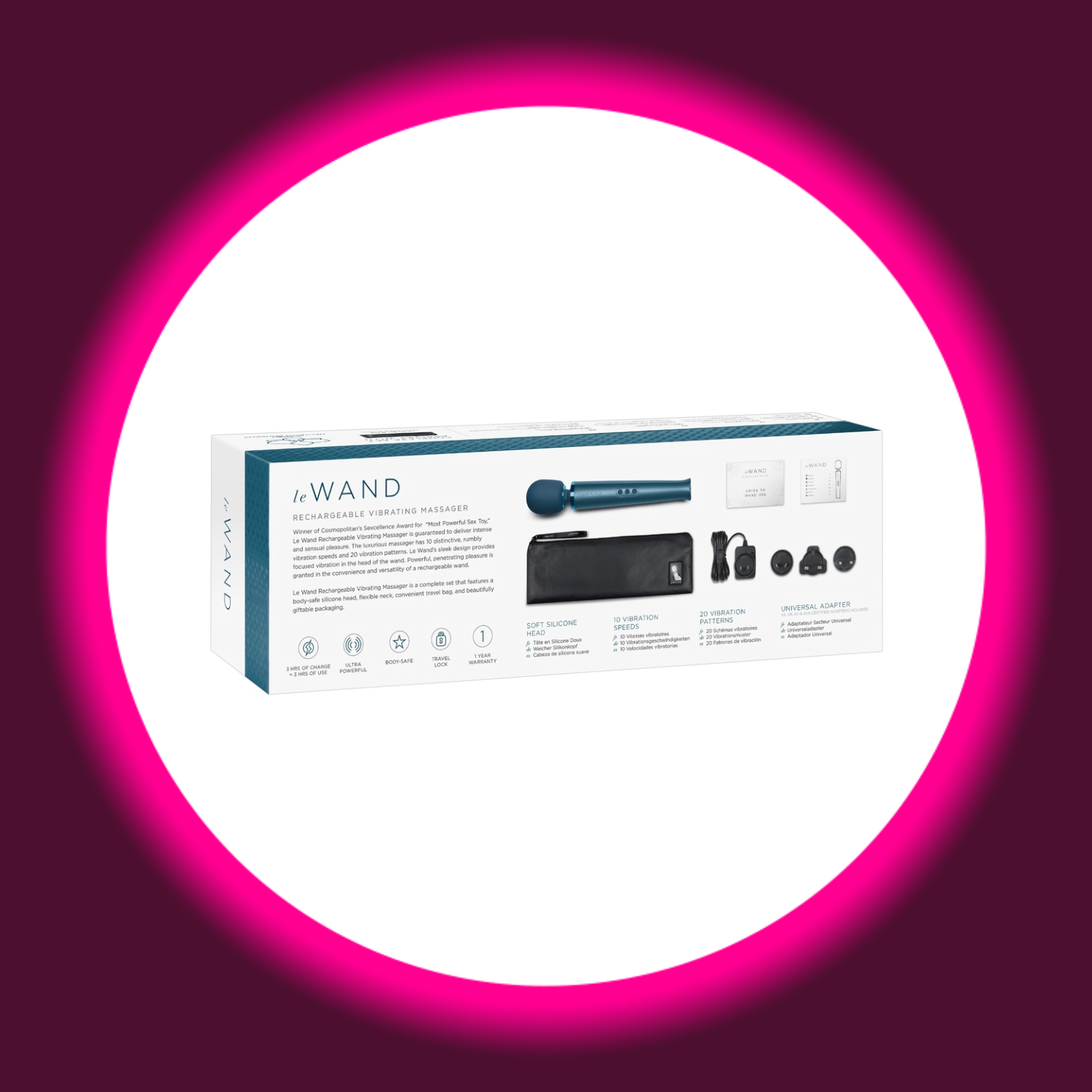 Rückansicht der Produktverpackung eines blauen Wand Vibrators von Le Wand