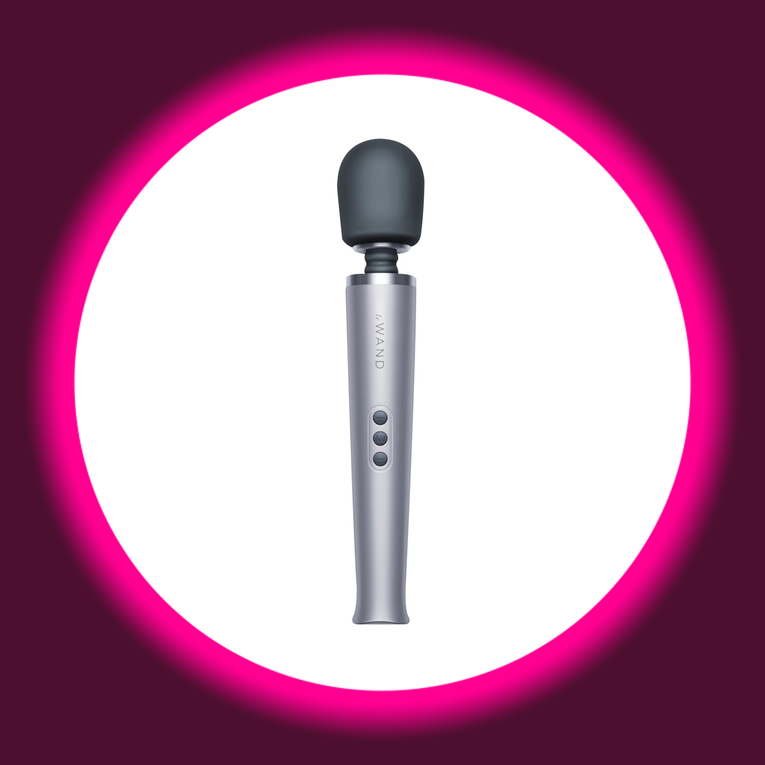 Frontansicht eines silbernen Massagestabs Wand Vibrators von Le Wand