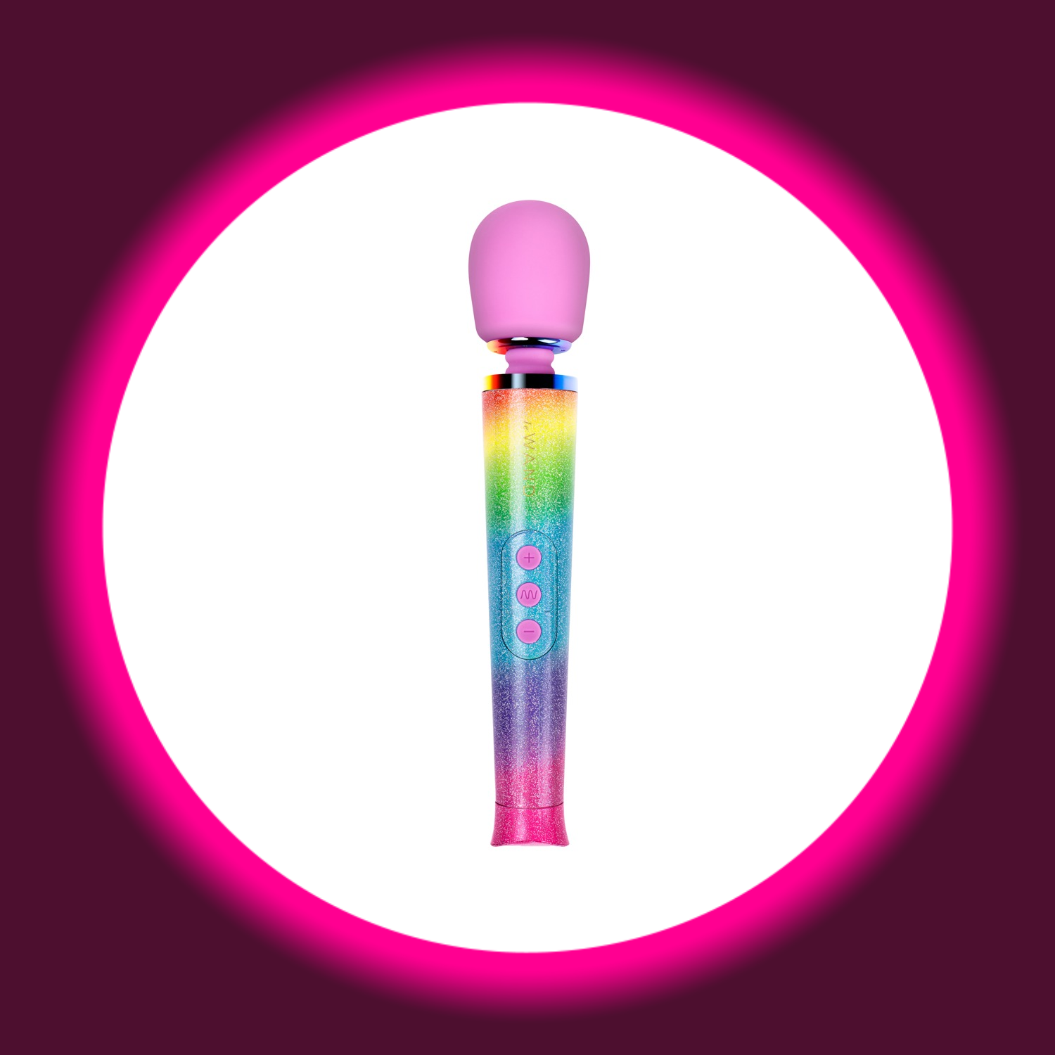 le WAND Petite Massagestab All That Glimmers – Frontansicht, glitzernder Regenbogen-Griff mit pinkem Massagekopf und 3-Button-Steuerung