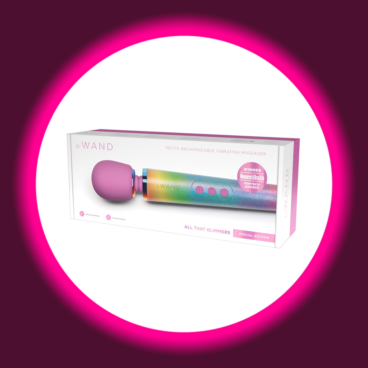 le WAND Petite All That Glimmers Special Edition – Originalverpackung Vorderseite mit Women's Health FemTech Award Siegel, Regenbogen-Glitzer-Massagestab