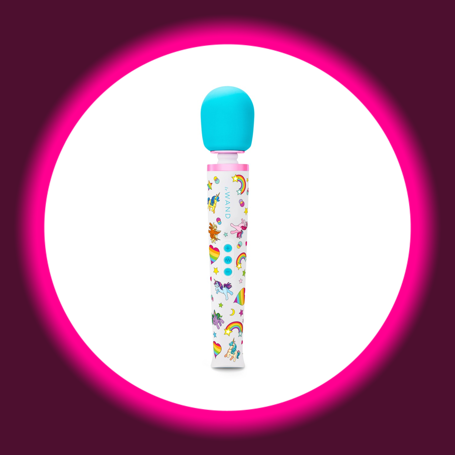 le WAND Unicorn Wand Massagestab – Frontansicht freistehend, weißer Griff mit buntem Einhorn- und Regenbogen-Print, türkisfarbener Soft-Touch-Massagekopf und 3-Button-Steuerung in Türkis
