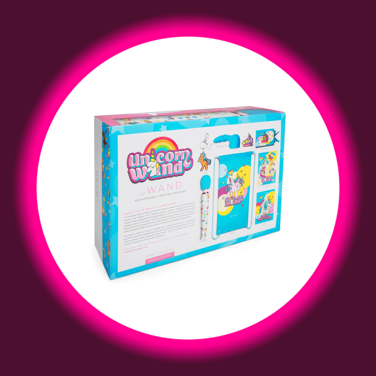 le WAND Unicorn Wand – Originalverpackung Rückseite mit Produktbeschreibung, Lieferumfang-Abbildung, Unicorn Wand Schriftzug und Regenbogen-Logo