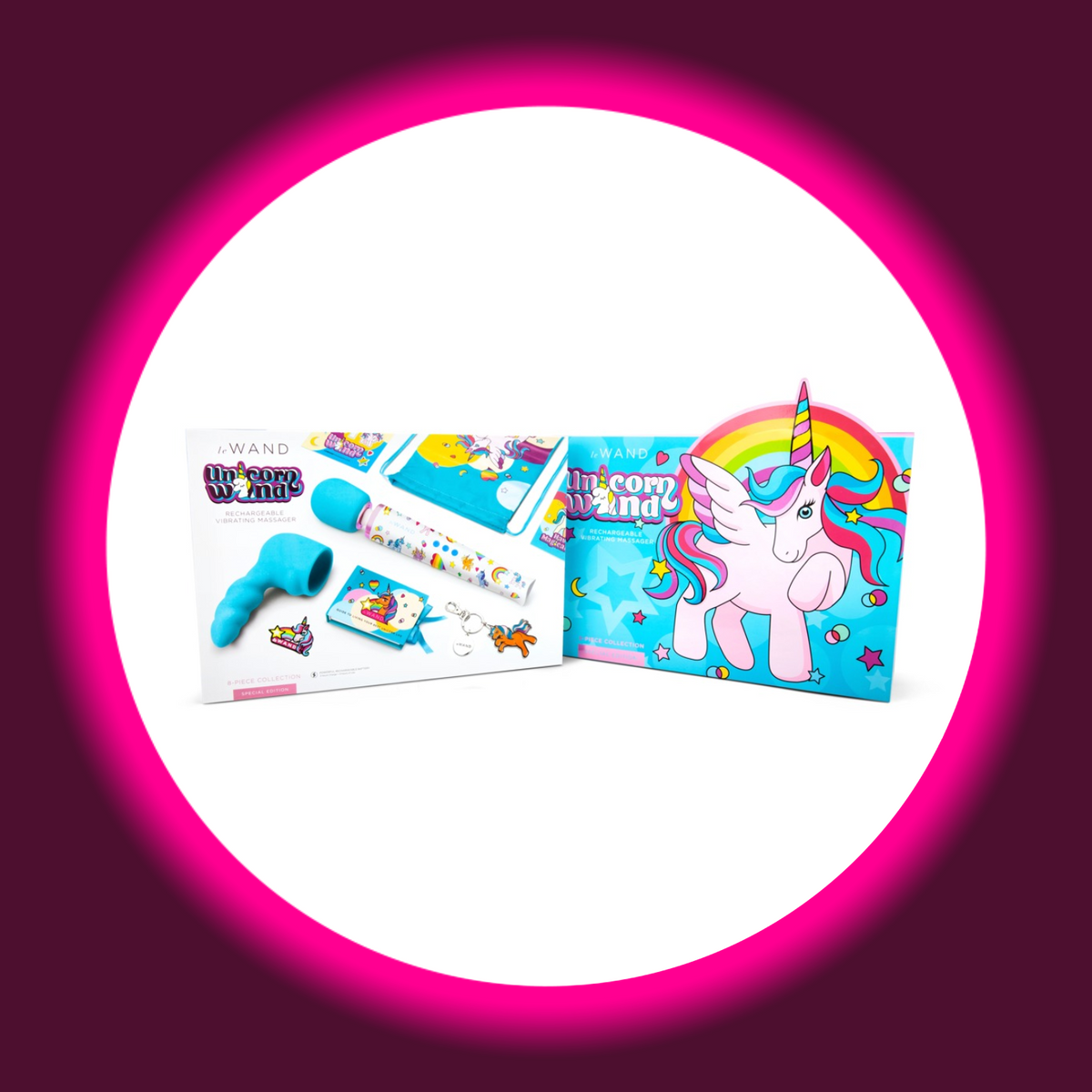 le WAND Unicorn Wand – Originalverpackung Vorderseite mit Einhorn-Illustration und Regenbogen sowie Rückseite mit Produktabbildung und Lieferumfang, türkis-blaue Box