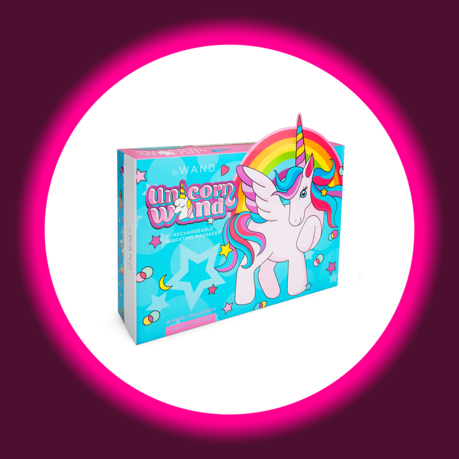 le WAND Unicorn Wand – Originalverpackung Schrägansicht, türkis-blaue Box mit weißem Pegasus-Einhorn, Regenbogen und le WAND Unicorn Wand Schriftzug, Rechargeable Vibrating Massager