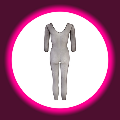 Rückansicht schwarzer Netzcatsuit von NO:XQSE