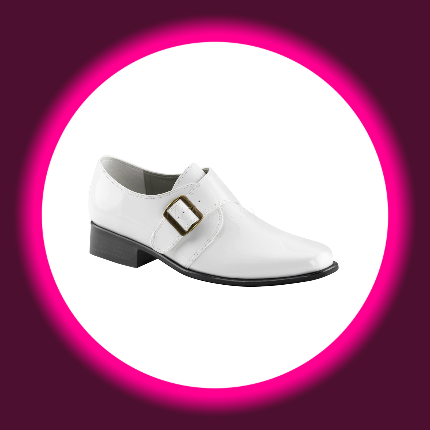 Winkelansicht weißer Herrenhalbschuh mit Schnalle und flachem Blockabsatz, Pleaser Loafer 12