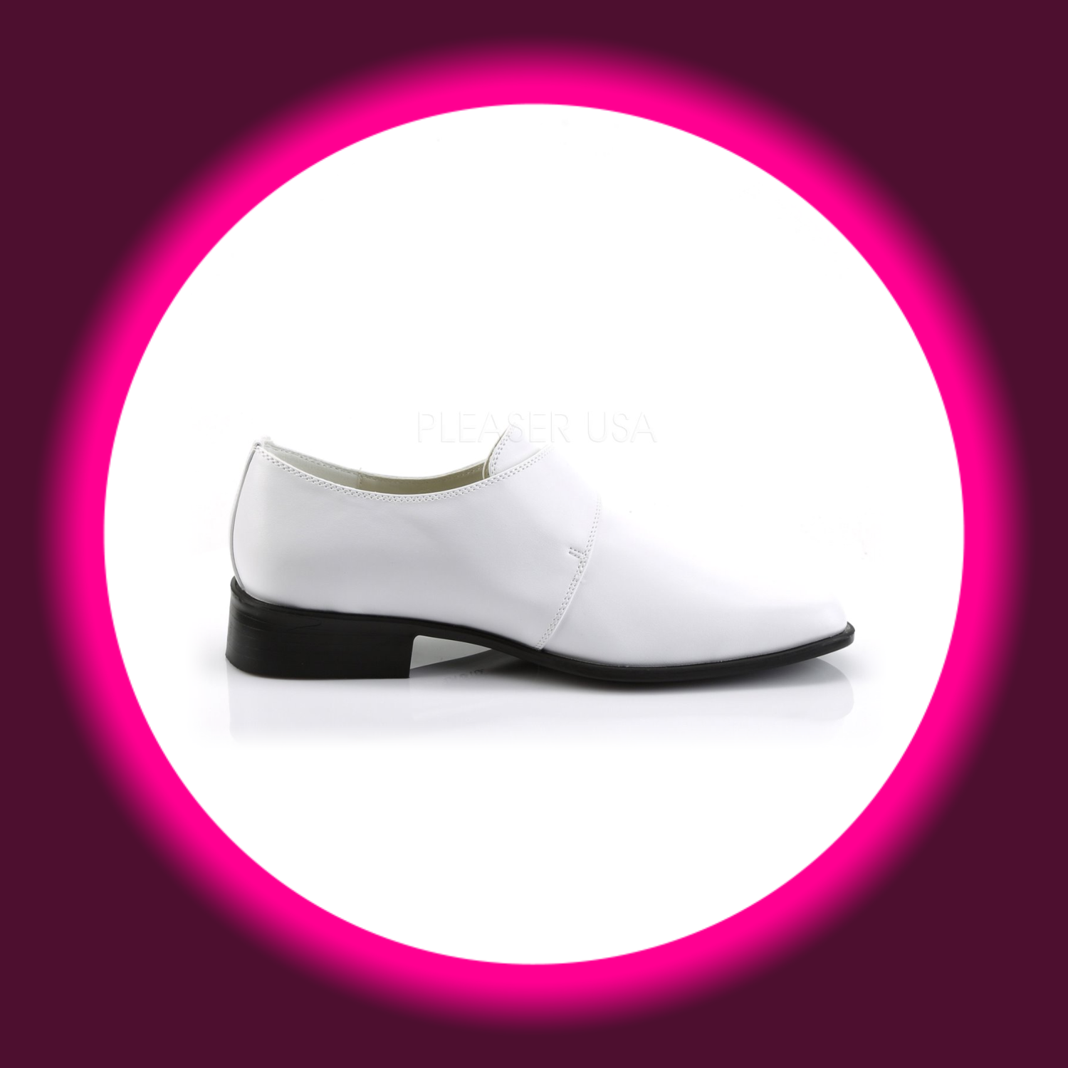 seitliche Ansicht weißer Herrenhalbschuh mit flachem Blockabsatz, Pleaser Loafer 12