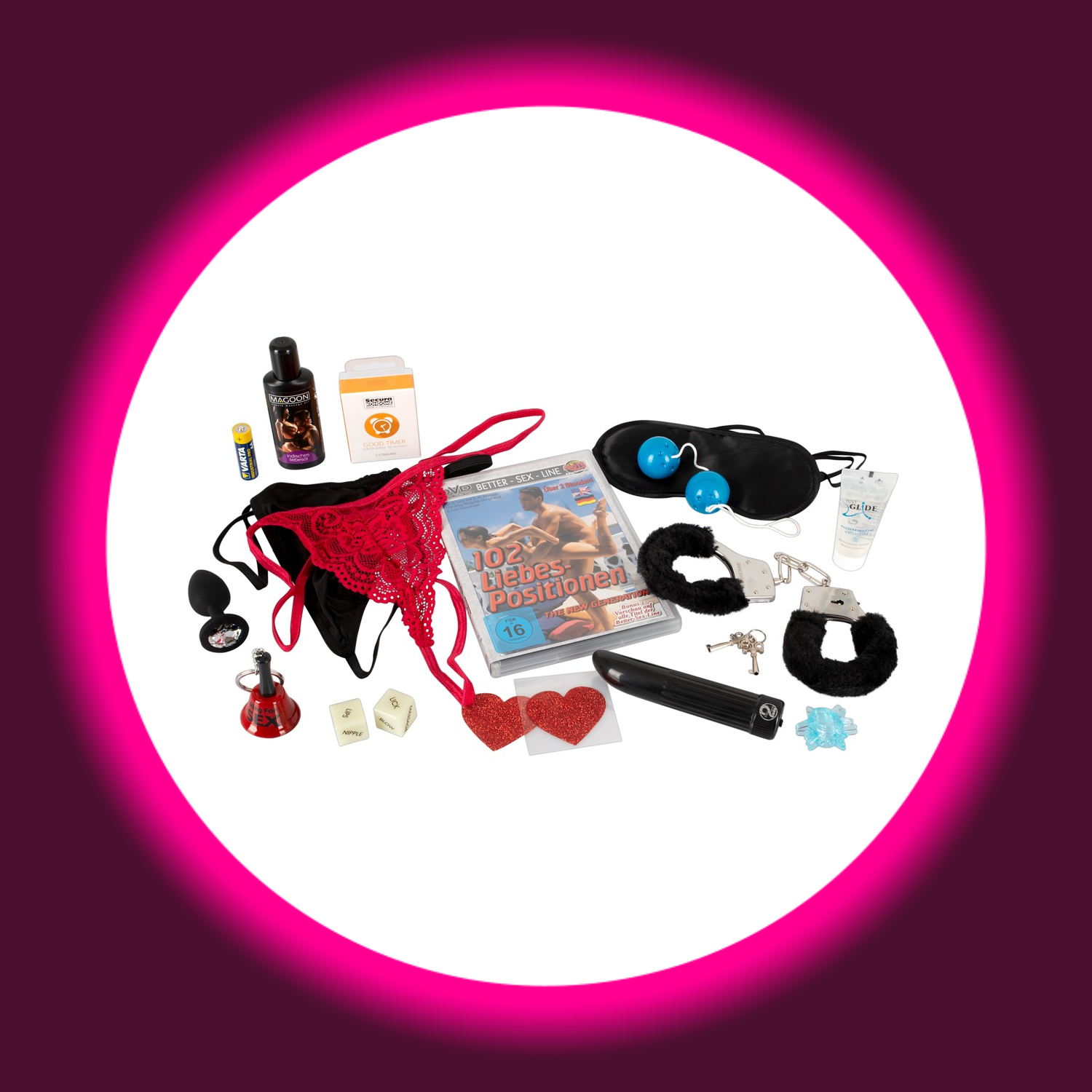 ausgebreiteter Inhalt der Love Box, roter und schwarzer String, DVD, Sextoys und Zubehör