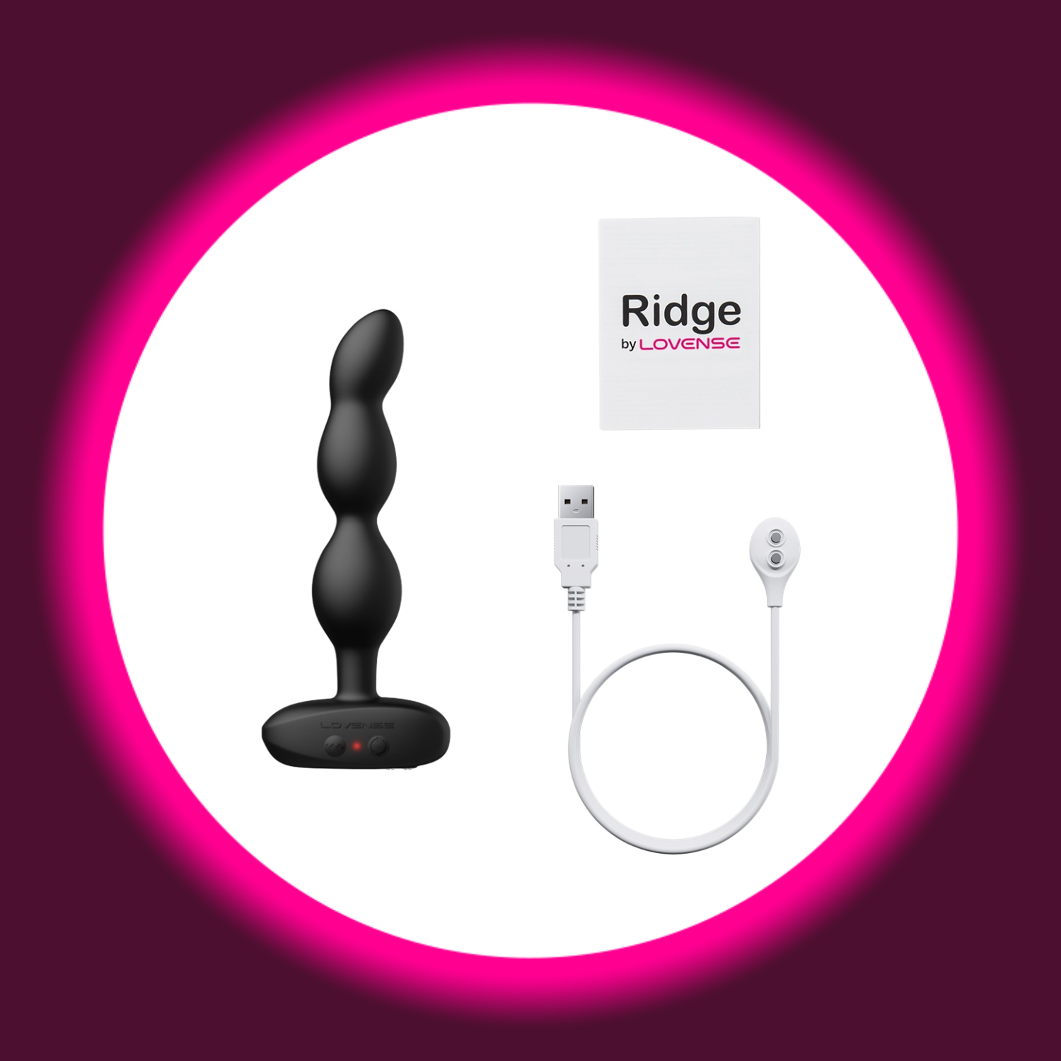 schwarzer Analvibrator Ridge von Lovense, daneben ein weißes USB-Ladekabel