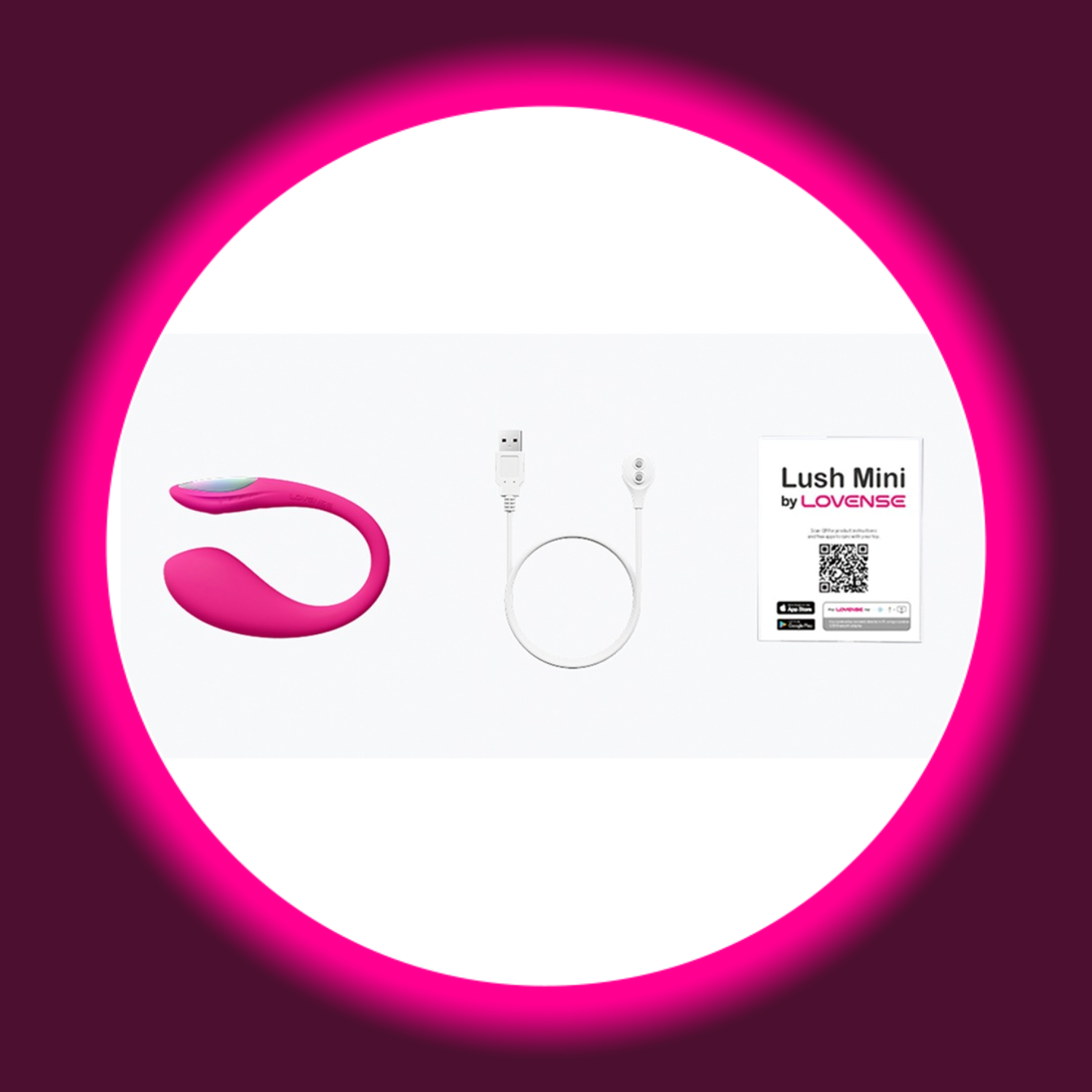 seitliche Ansicht des pinken Lovense Lush Mini mit Ladekabel und Bedienungsanleitung