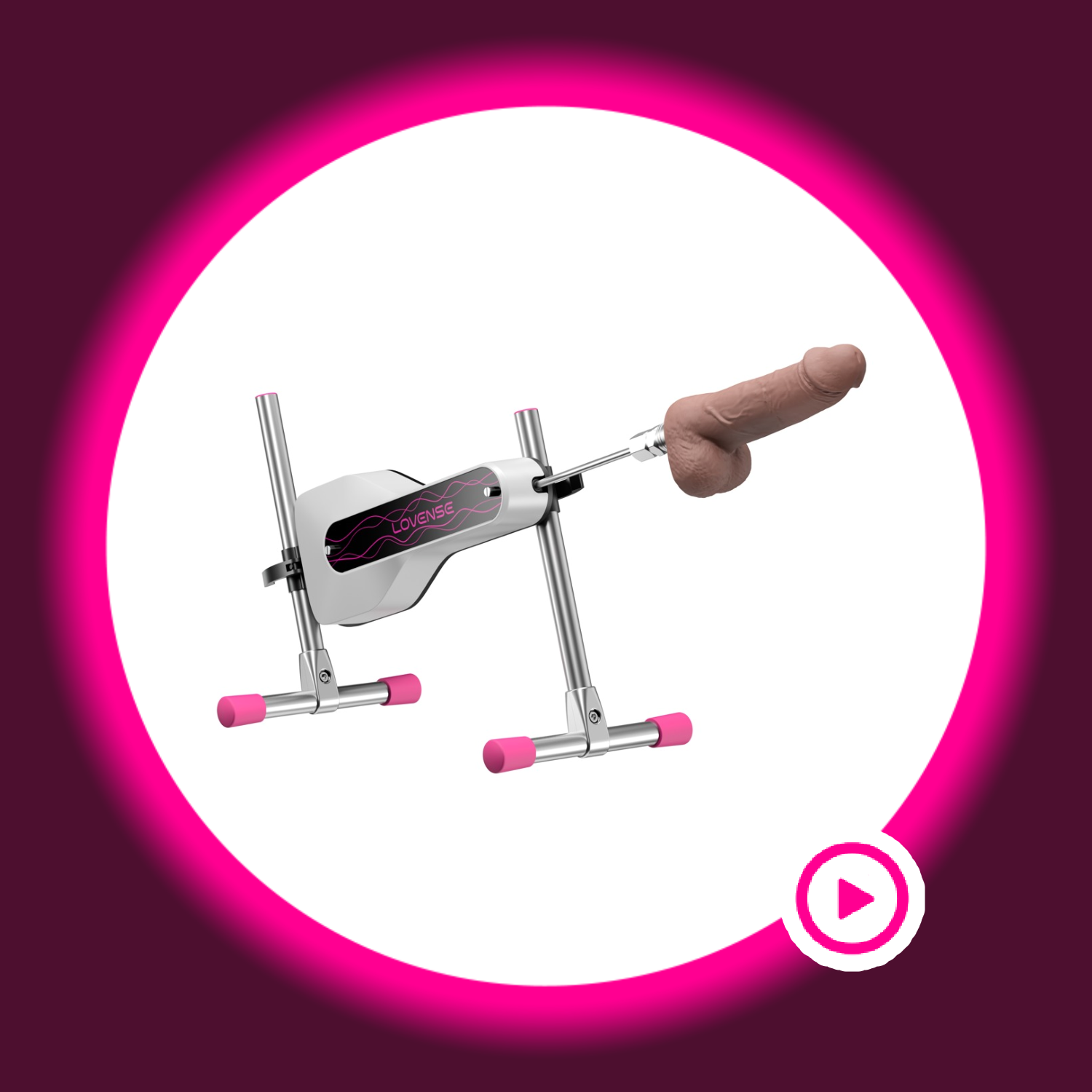 Winkelansicht silberne kleine Sexmaschine mit Dildo-Aufsatz, Lovense Mini Sex Machine