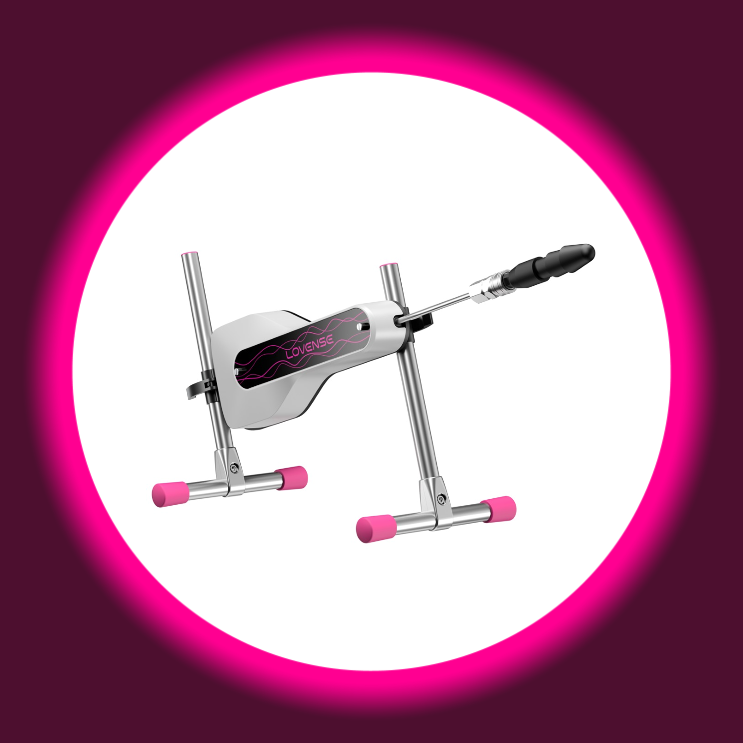 Winkelansicht silberne kleine Sexmaschine mit Aufsatz, Lovense Mini Sex Machine