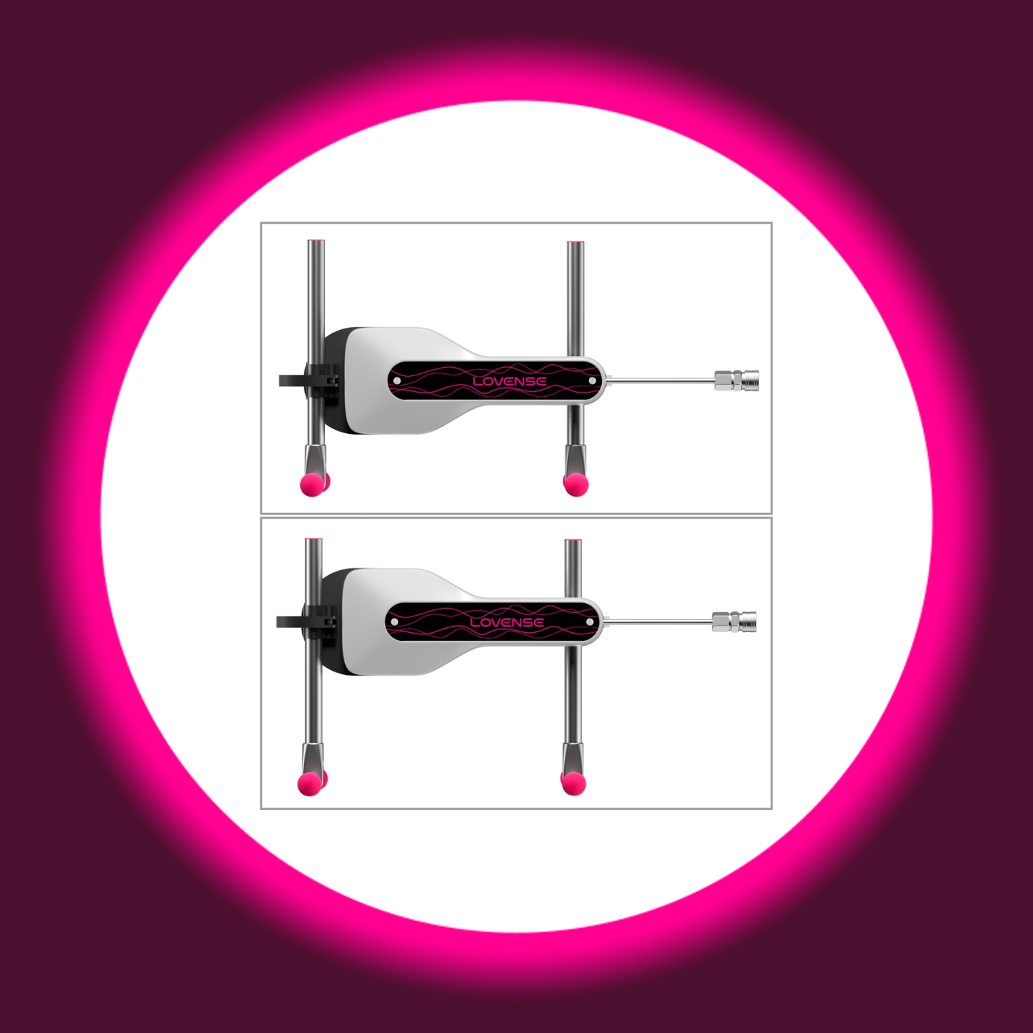 zwei kleine silberne Sex Maschinen übereinander in unterschiedlichen Höhen, Lovense Mini Sex Machine