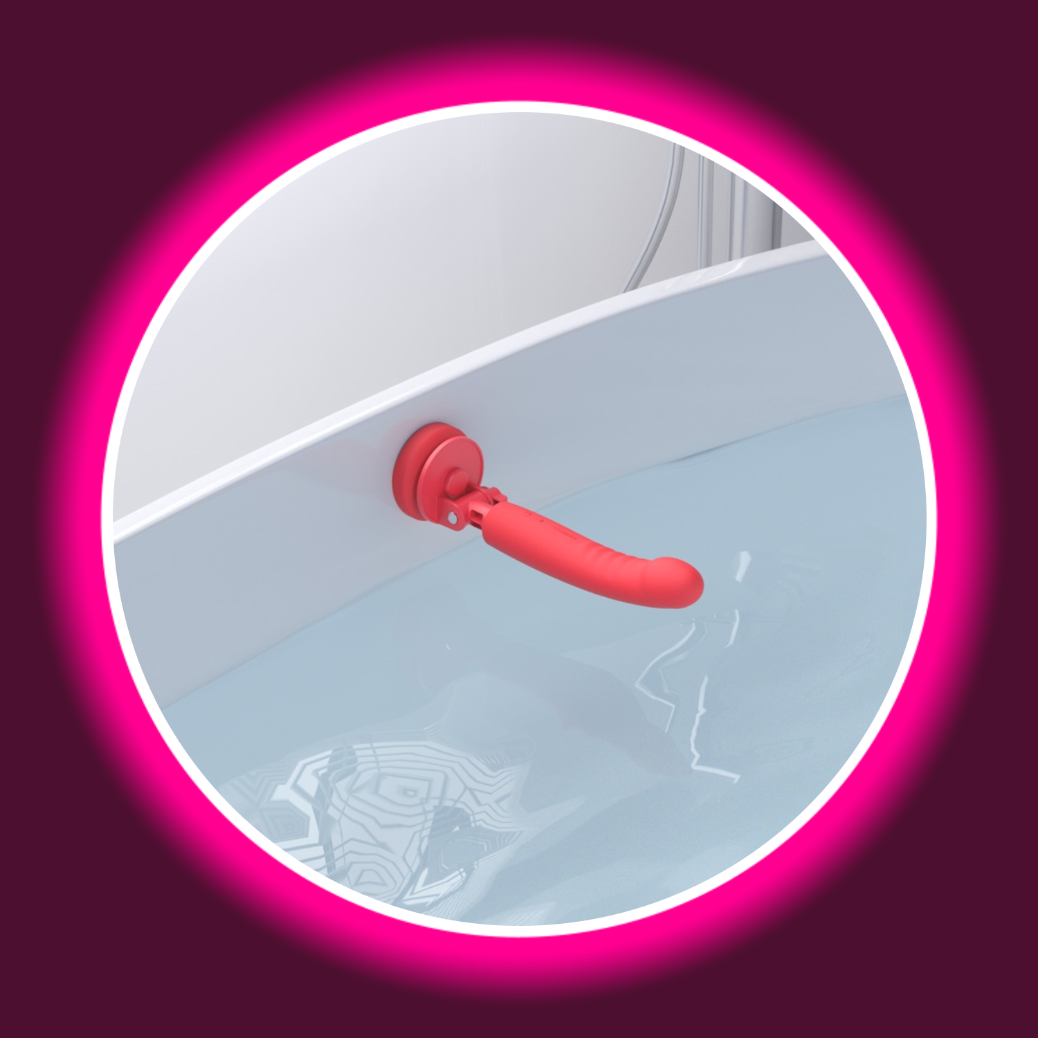 roter Vibrator Lovense Mission 2 mit Saugfuß an einer Badewanne befestigt