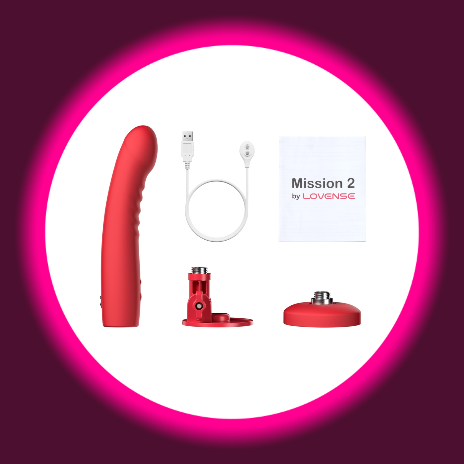 roter Vibrator Lovense Mission 2 mit USB-Ladekabel, daneben zwei Teile des Saugfußes